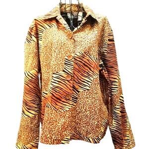 Animal Print Lined Top by Sara Studios Size XL Long Sleeves Buttons Retro chic